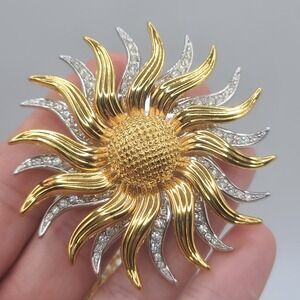 Vintage KJL Sunflower Brooch Necklace Articulating Rhinestone Susan‎ Kaplan 26"